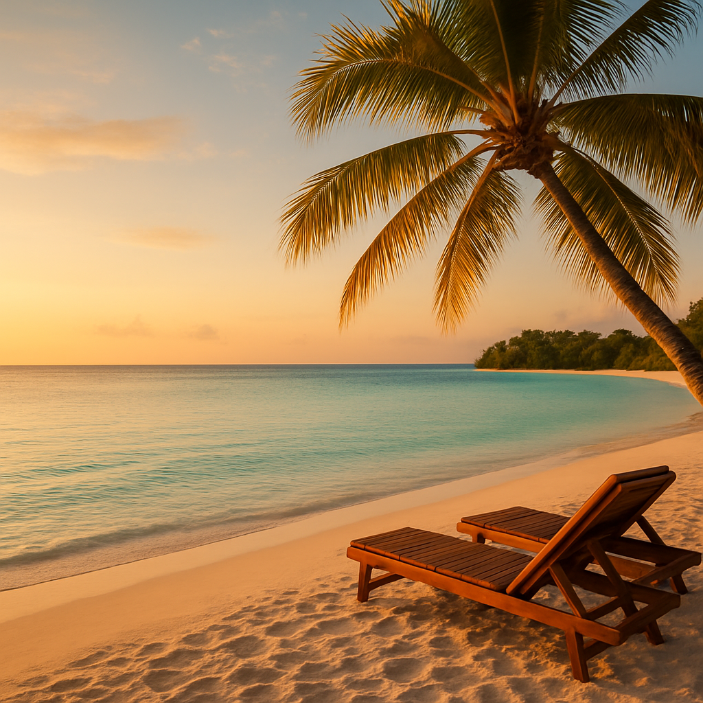 Serene Maldivian beach at golden hour with wooden loungers