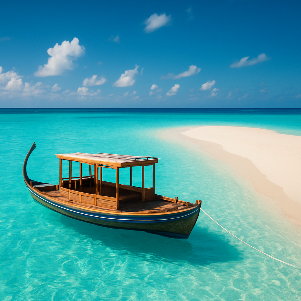 Traditional dhoni boat used for surf transfers anchored by a sandbank
