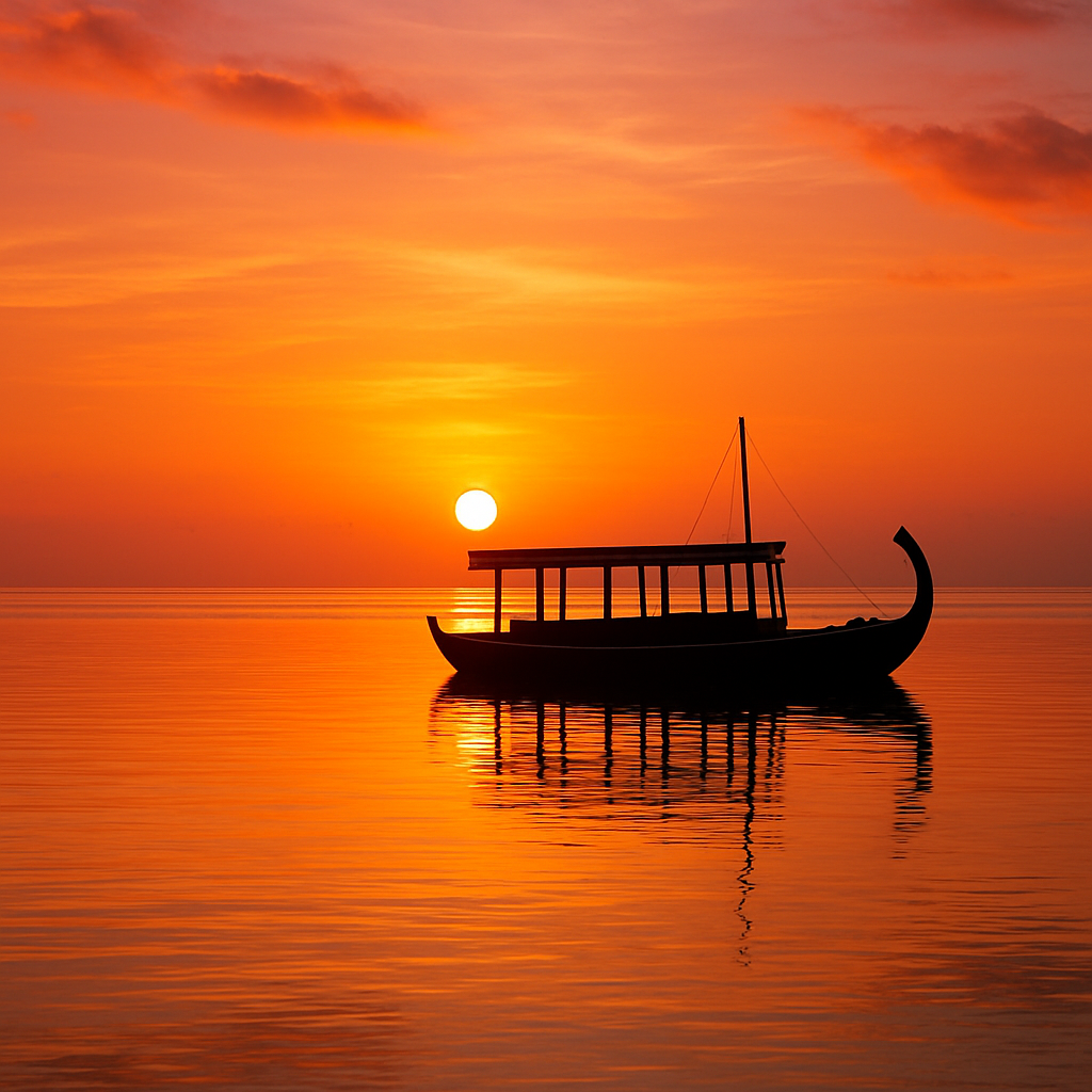 Golden sunset over the Indian Ocean with a dhoni silhouette