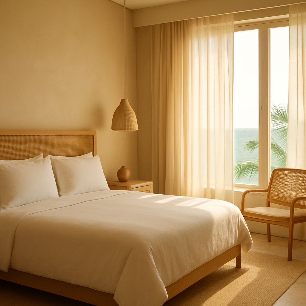 Bright boutique guest room with island-inspired interior