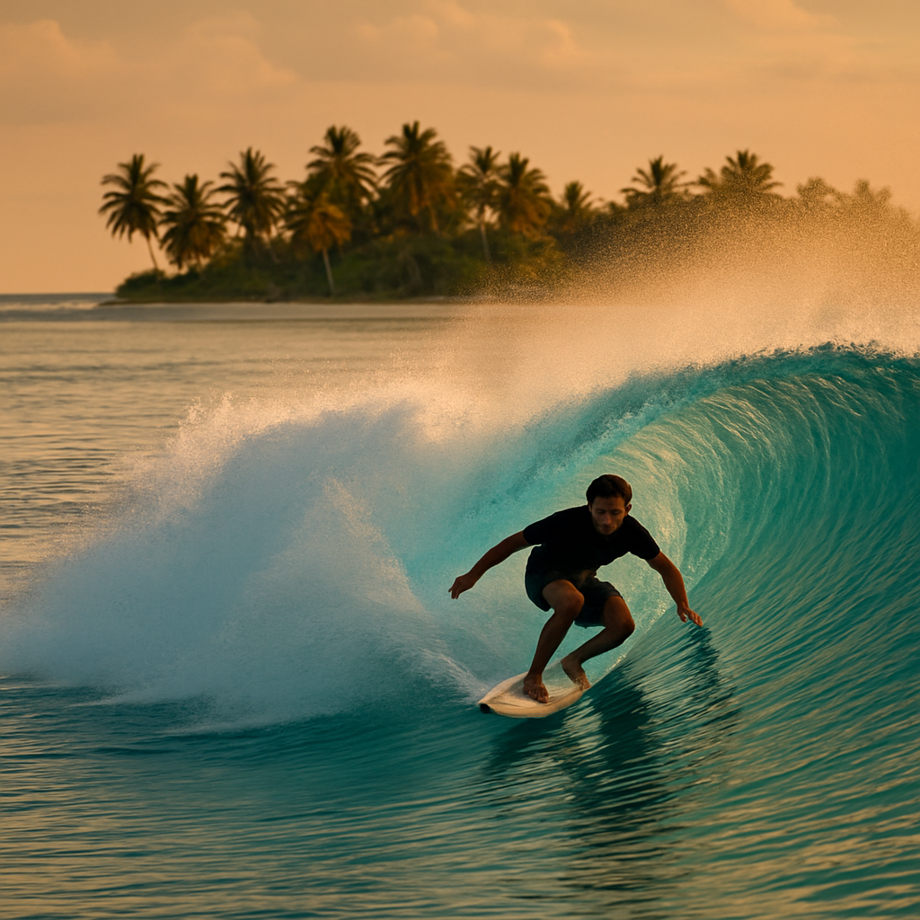 A surfer riding a clean wave at a South Maldives reef break